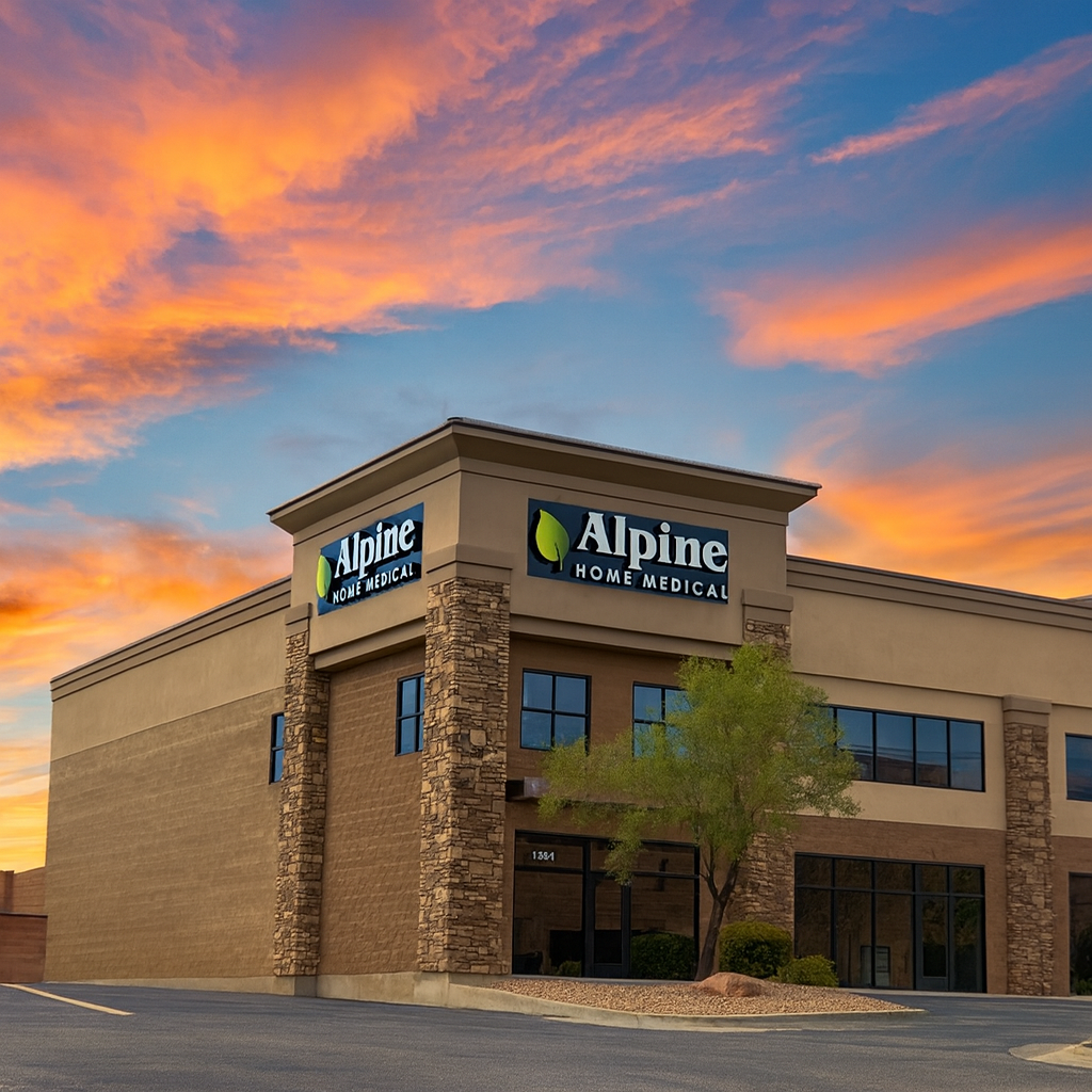 Alpine Home Medical new St. George store location with modern building exterior, serving the community with CPAP supplies, power mobility, wheelchairs, lift chairs, and home medical equipment.