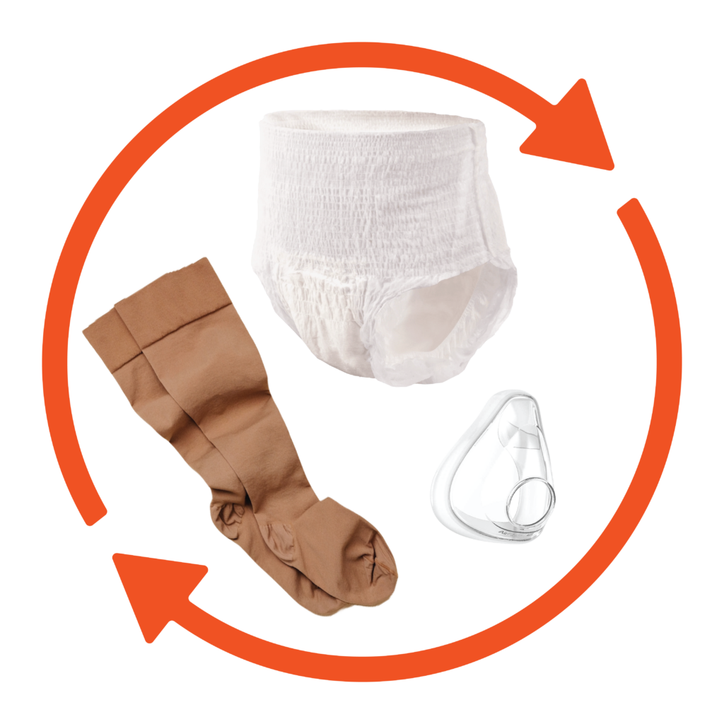 Compression stockings and incontinence care products for sale.