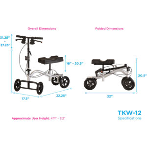 A graphic showing the overall and folded dimension of a knee walker.