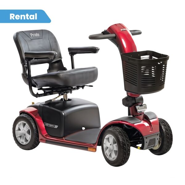 A red heavy duty power scooter with a rental tag.