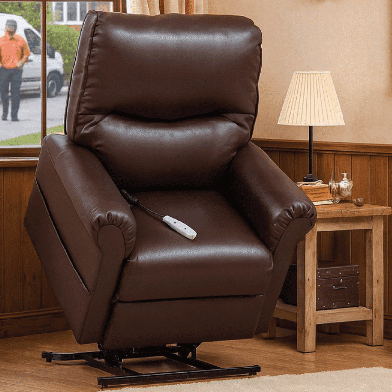 Brown leather power lift recliner in a modern cozy living room with window view and side table