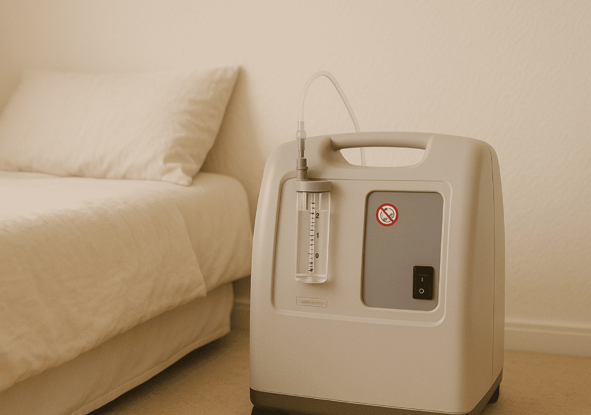 Aesthetic Oxygen Concentrator in Bedroom – Liter Flow at 2 L/min (Portrait)