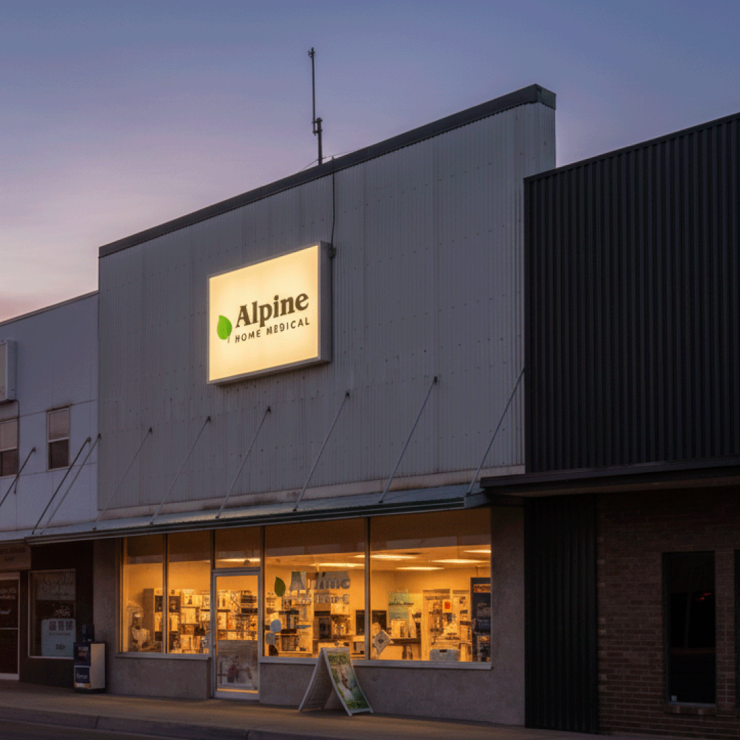 Exterior of Richfield Alpine Home Medical store at dusk, with the glowing green leaf logo sign and interior lights visible through the windows, reflecting a vibrant sunset on the street.